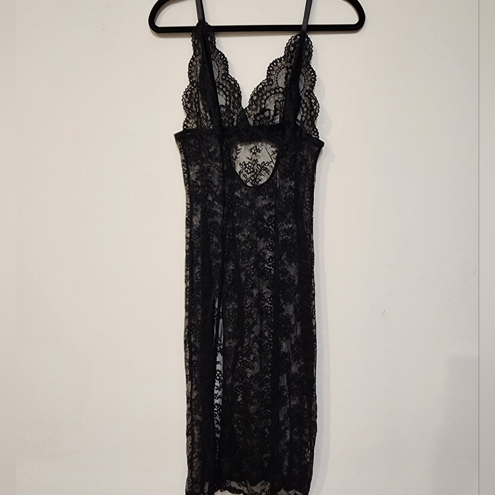 Slip Midi Dress Lace Black High Thigh Slit